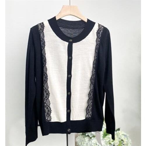 Pure wool knit women spring autumn fashion thin cardigans coat Oneck spliced lace black white patchwork color S/M/L