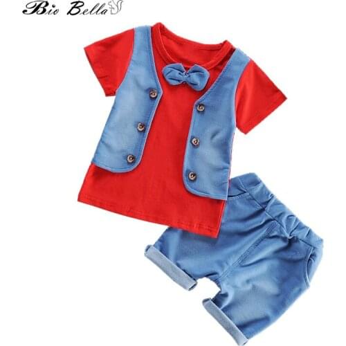 Baby Boys Summer Clothes Children Clothing Set for Boy Short Sleeve Bow Tie Shirts+Short Jeans Cool Denim Shorts Boys Suit