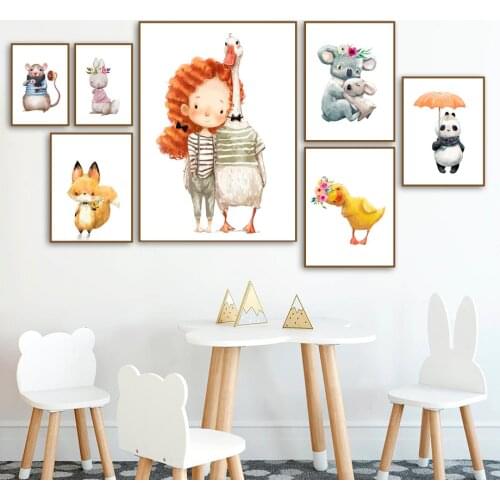 Cute Girl Duck Fox Panda Rabbit Wall Art Canvas Painting Nordic Posters And Prints Nursery Wall Pictures For Kids Room Decor