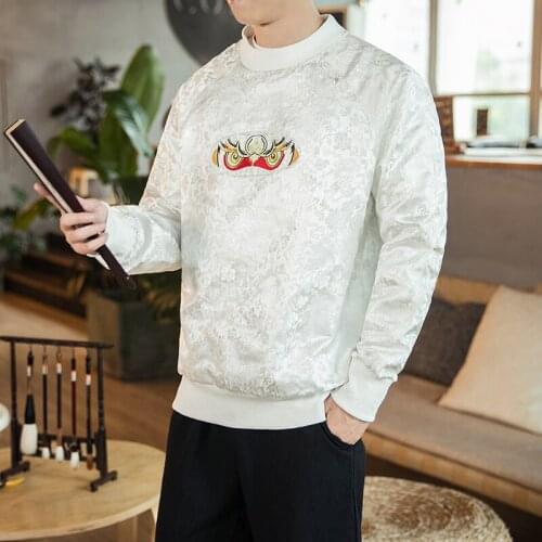 Chinese Style Hoodies Men Embroidery O-neck Sweatshirts Jacquard Black White Mens Long Sleeve Casual Pullover 2020 New Autumn