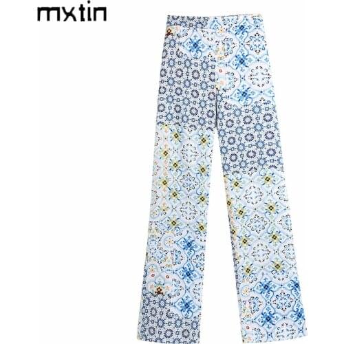 MXTIN 2021 Women Summer Fashion Patchwork Print Straight Pant Vintage Fly Side Pocket Elastic Waist England Style Trousers Mujer