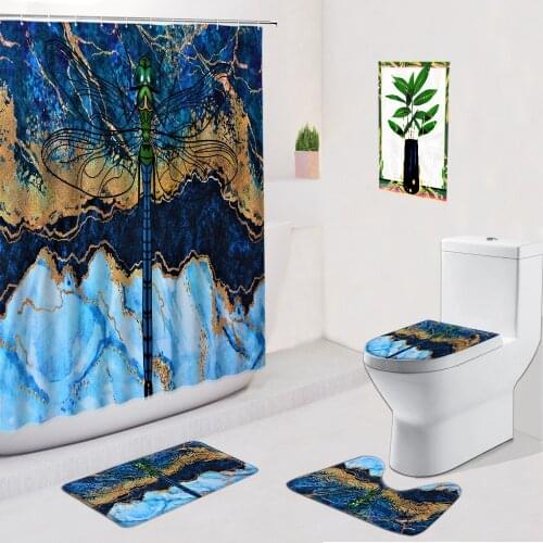 Luxury Shower Curtain 4Pcs Set Marble Ink Pattern Creative Geometric Dragonfly Anti-Slip Bath Mat Toilet Bathroom Decor Carpets