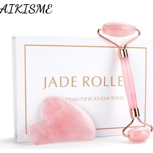 Jade Roller Facial Face Jade Massage Roller Rose Quartz Scraper Jade Massager Tool Slimming Face Natural Wrinkle Removal Set Box