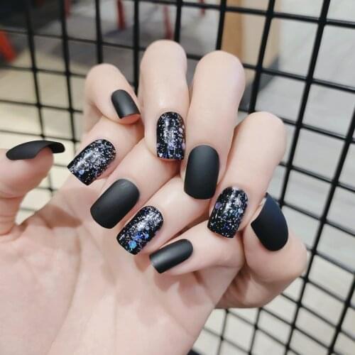 24pcs Black Nail Patch Glue Type Removable Mid Length Paragraph Fashion Manicure Save Time False Nail Patch TN