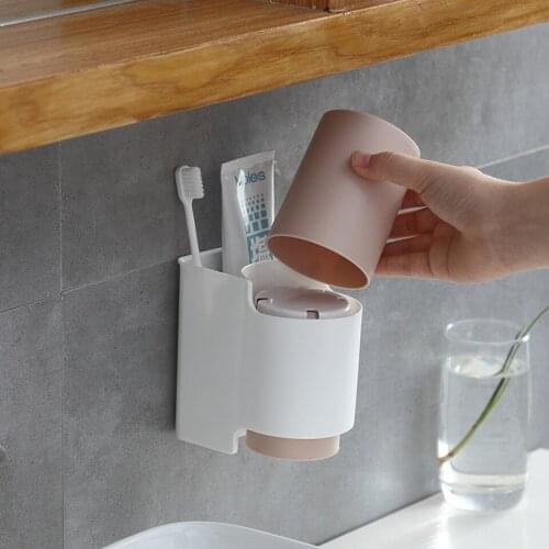 Toothbrush Holder Stand 2 Cups Wall-mounted Set Teeth Washing Mug Mouthwash Brush Cup Home Bathroom Organization