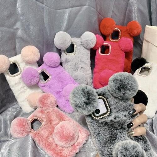 Luxurious Fluffy Plush panda Phone Case For 12PRO MAX 11 7 8 Plus X XR XS MAX Soft Warm Fur Hairy Rhinestone Cute Phone Cover