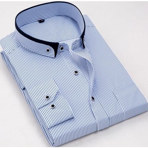 Fashion stand double collar slim fit non-iron striped business men dress shirts long sleeve party meeting male tops
