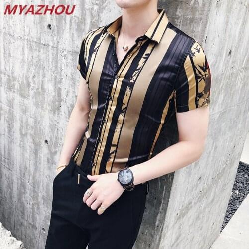 Luxury black gold shirt summer fashion personality striped short-sleeved shirt fashion designer social party slim casual shirt