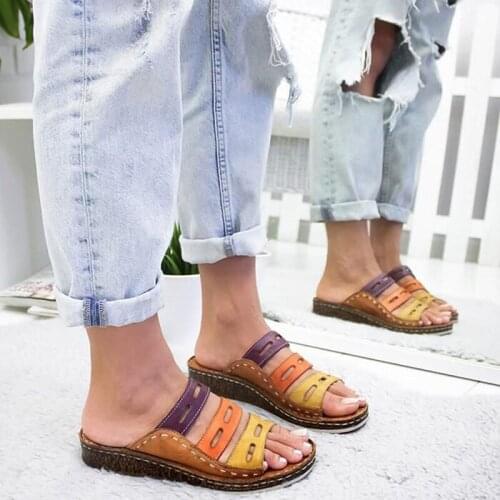 Chic Summer Women Lady Fashion Three-color stitching color Casual Low Wedge Heel Beach Open Peep Toe Sandals Slippers Shoes