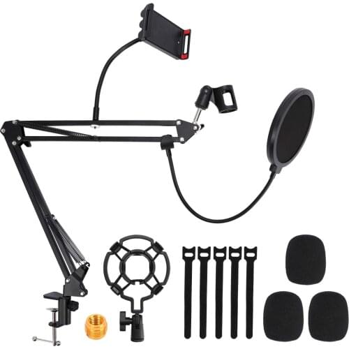 Microphone Stand Mic arm Desk Adjustable Bracket with Mobile Phone Holder for Professional Streaming Voice-Over Recording Games
