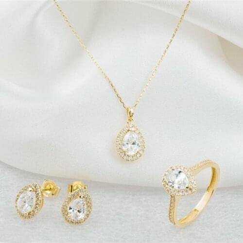 ZİRKON TRIPLE SET GOLD SPECIAL DESIGN WOMEN NECKLACE EARRINGS RING VALENTINES DAY SPECIAL DAY GIFT SPECIAL BOXED