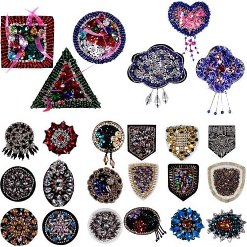 Hand-sewed Sequins Rhinestones Beaded Sequin Round Flower Heart Pattern Patch DIY Clothing Shoes Hat Bag Applique Badge