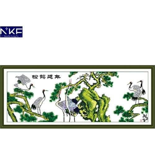 NKF Longevity with Pine and Crane Handmade Craft Cross Stitch Embroidery Kit Printed Stitching Cross Stitch for Home Decor