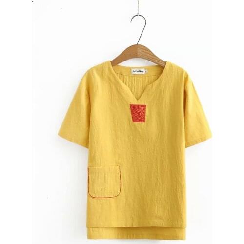 Plus size cotton embroidery pocket women summer t shirt 2021 ladies short sleeve V-neck tee shirts femme orange white t-shirt