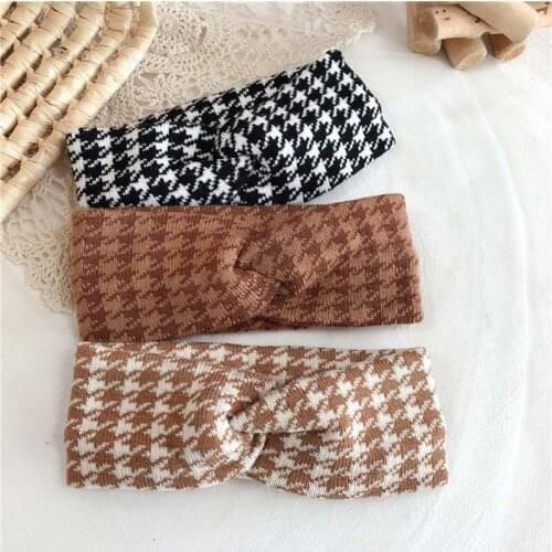 Womens Houndstooth Headband Simple Wide-Sided Knitted Knot Cross Headwear For Face Wash Autumn Winter Girls Elastic Hair Band