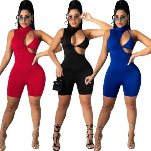 Echoine Women Solid Hollow Out sleeveless Invisible zipper Skinny Romper Half High Necked Playsuit Streetwear Sportswear Outfit