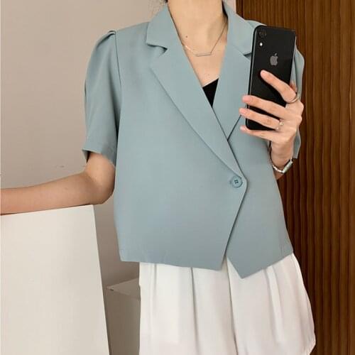 Summer 2021 Korean Haze Blue Thin Blazers Women Notched Collar Short Puff Sleeve Casual Single Button Female White Suit Jacket