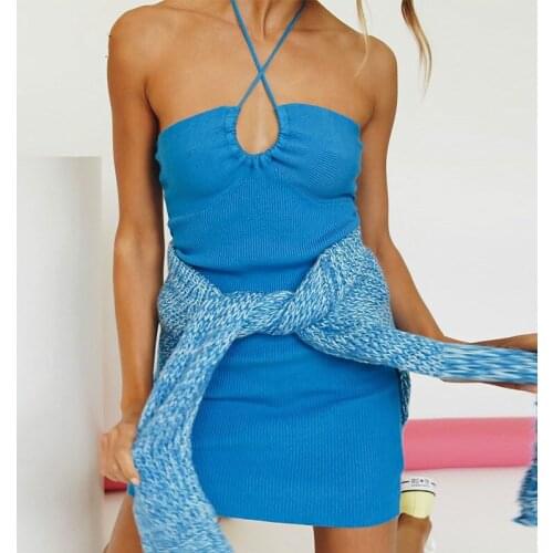 Women Summer Solid Color Ribbed Slim Fit Dress Sleeveless Tie Up Low Cut Cross Halter Mini Dress for Female Orange/Blue