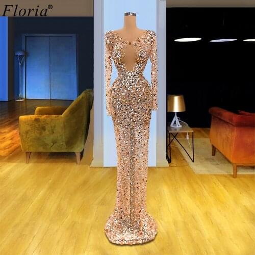 Luxury Crystals Evening Dresses Long Transparent Formal Prom Dresses Evening Wear Champagne Robe De Soiree Women Celebrity Dress