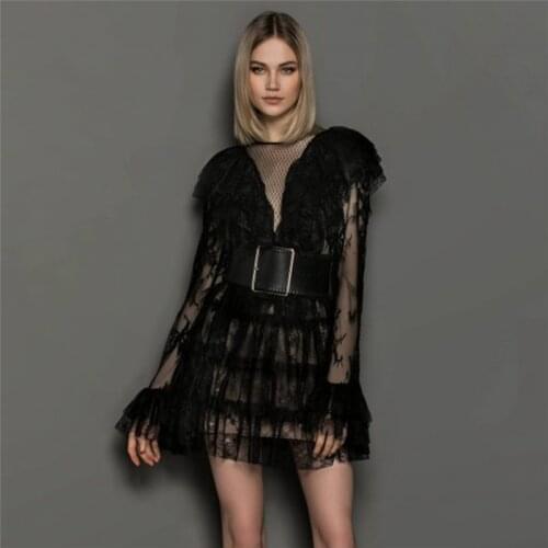 Celebrity Black White Lace Long Sleeve V-Neck With Belt Bodycon Women Dresses Evening Party Dress