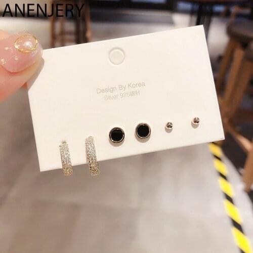 ANENJERY Black Drop Glaze Geometric Stud Earrings Set Gold Silver Color Zircon Earrings For Women 6-piece Set S-E1141
