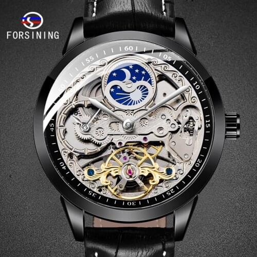 Male Wristwatch Leather Black Strap 30M Waterproof Mans Clock Mechanical Automatic Toubilion Moon Phase Male Watches