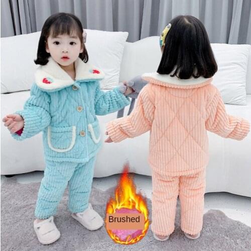 Childrens Winter New Pajamas Flannel Home Service Three-layer Quilted Soft and Thicker Girl Flannel Korean Western Style Suit