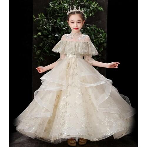 Flower Girl Dresses Sequined Ruched Three Quarter Princess Lace Ball Gown Luxury Floor-Length Tulle High Kids Party Skirt H056
