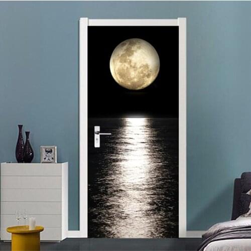 Door Sticker PVC 3D Night Moon Sea Level View Door Decoration Living Room Dining Room Vinyl Door Murals Wallpaper 3D Door Poster