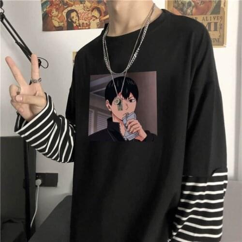 Haikyuu Anime Tobio Kageyama Fake Two Pieces T Shirt Funny Cartoon Mens Clothing Summer Casual Plus Size Long Sleeve T-shirt