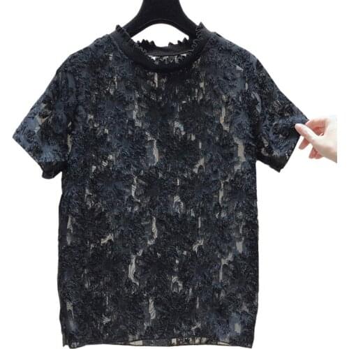 ZuoLunOuBa Summer Fashion Sexy O-Neck Women T Shirt Perspective Black Hollow Out Feather Flowers Short Sleeve Tees Tops Female