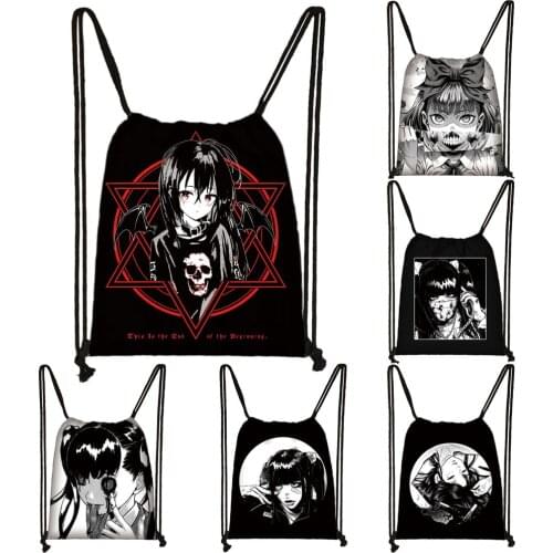 Gothic Dark Loli Backpack Women Drawstring Bag Harajuku Girl Daypack Manga Storage Bags for Travel Punk Hip Hop Rucksack Bookbag