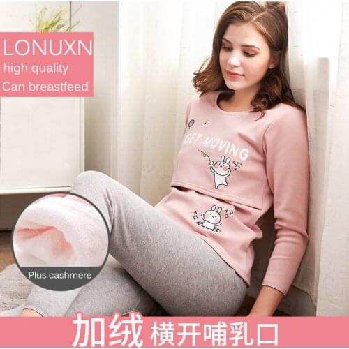 Cotton Pregnancy Women Nursing Clothes Sets Thick Warm Maternity Nightwear Tops + Pants Mother Suits Premama Pijamas Nightgowns