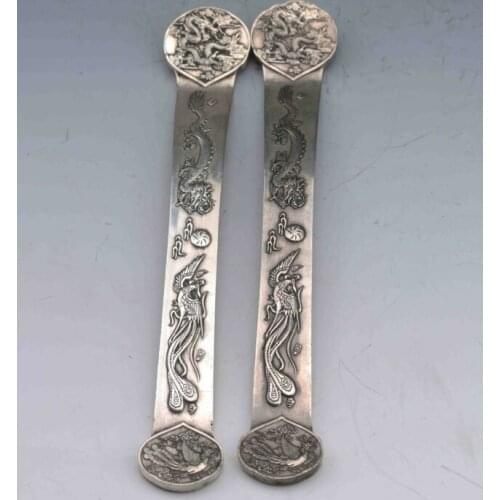 Exquisite Old China Tibetan Silver Hand-Carved Dragon&Pheonix Ruyi statue