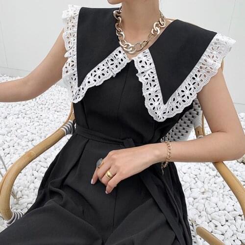 Korean Chic French Elegant Lace Stitching Big Lapel Tie Waist Sleeveless Jumpsuit Trousers Women