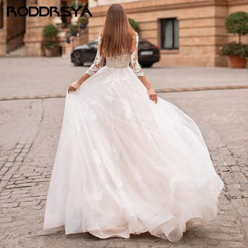 RODDRSYA A-Line Wedding Dress With Long Sleeves Lace Tulle Beach Bride Gowns Boho Princess Wedding Party Dress Vintage