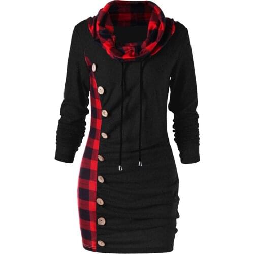 Fashion Women Winter Dress Plaid Scarf Collar Buttons Decoration Patchwork Casual Party Dresses Long Sleeve Ladies Dresses 2021