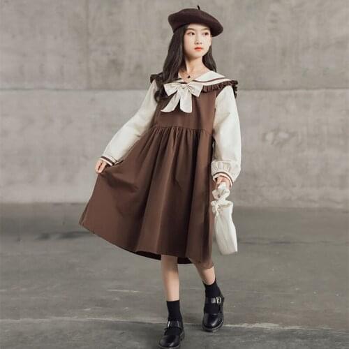 New 2021 Kids School Dress Autumn Bow Teenager Girls Dresses Ruched Collar Preppy Fashion Cotton Children Clothes Spring