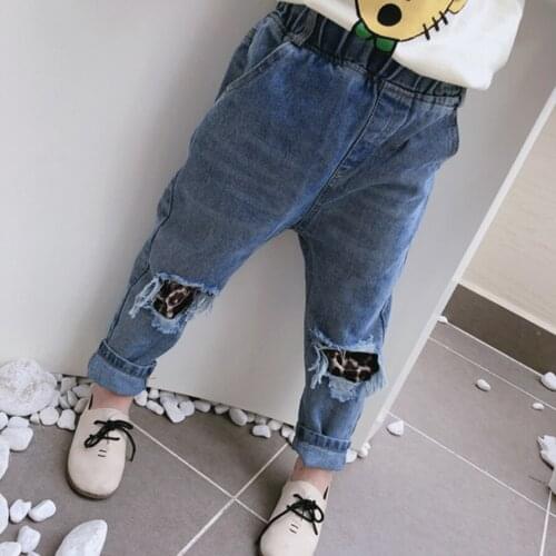 New Girls Jeans For Autumn Spring Cute Leopard Holes Patch Kids Trousers Baby Girl Boys Denim Pants Fashion Children Clothing