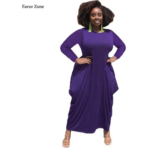Autumn Winter Solid Color Asymmetrical Plus Size Maxi Dresses For Women Casual Loose Pockets Large Big Size Long Sleeve Dress