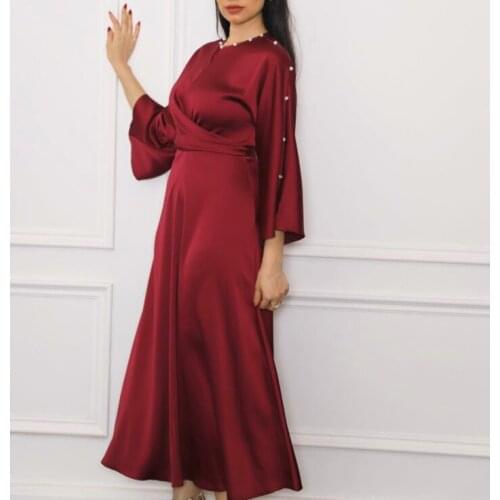 2021 New Middle East Dubai High Class Satin Lotus Sleeve Dress Muslim Womens Long Skirt Girl Spring, summer and Autumn Wine Red