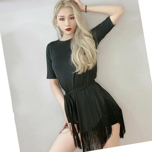 Women Latin Dance Dress Female Adult Slim Slimming Short-Sleeved Fringe Dress Practice Clothes Rumba Latin Dance Dress DN9103
