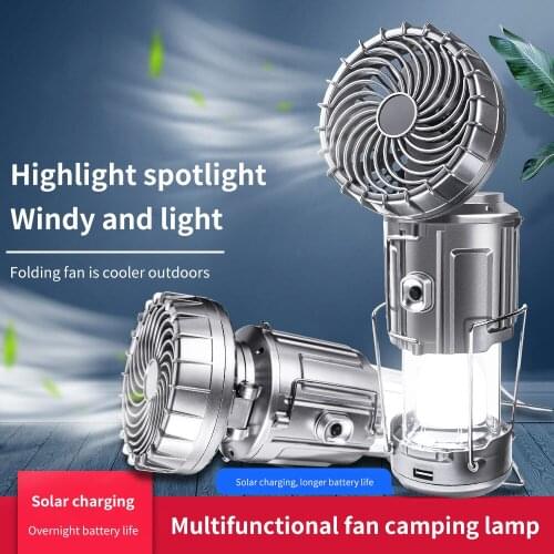 6 in 1 Portable Outdoor LED Camping Lantern with Fan Solar Charge Rechargeable Light Hanging Tent Lamp Fish Flashlight Dropship