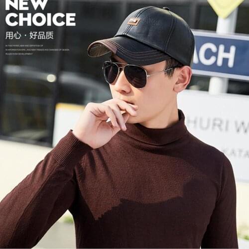 Middle-aged Hat Mens Autumn and Winter Warm Baseball Cap Solid Color Wild PU Leather Cap Cap Hat