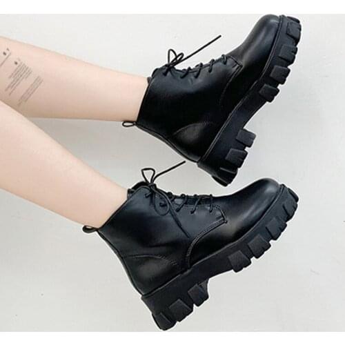 Women Platform Ankle Boots Woman Leather Cool Mid Heels 2020 Ladies Motorcycle Short Boots Womens Lace Up Footwear Female Shoes