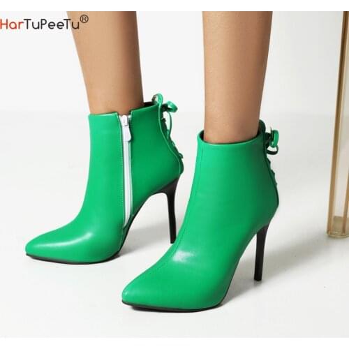 Autumn Winter 2021 Sexy Ankle Boots Women Stiletto 5 Colours Choose Back Bow Decorate Zipper PU Leather Pumbs Size 34~48 Shoes
