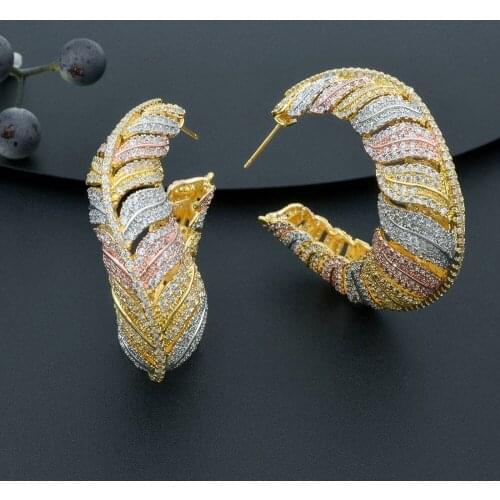 ModemAngel Special Luxury Leaves Earrings For Women Three Tone Color Copper Women High Quality Pave Setting Jewelry