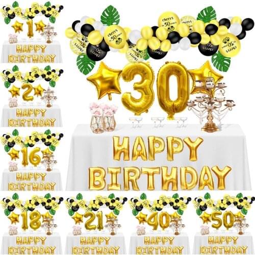 1 2 16 21 30th Black Gold Latex Balloons Happy Birthday Decoration Set Letter Foil Balloons Banner Baby Shower Party Decor Globo