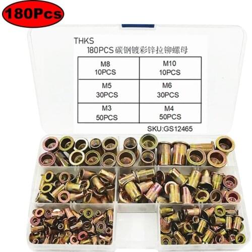 180pcs M3-M10 series box set carbon steel galvanized pull rivet nut set flat head pull rivet nut