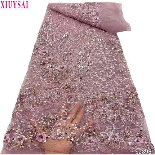 2021 new fashion style gold color embroidered lace fabric french beaded african net lace fabric for party wedding dress